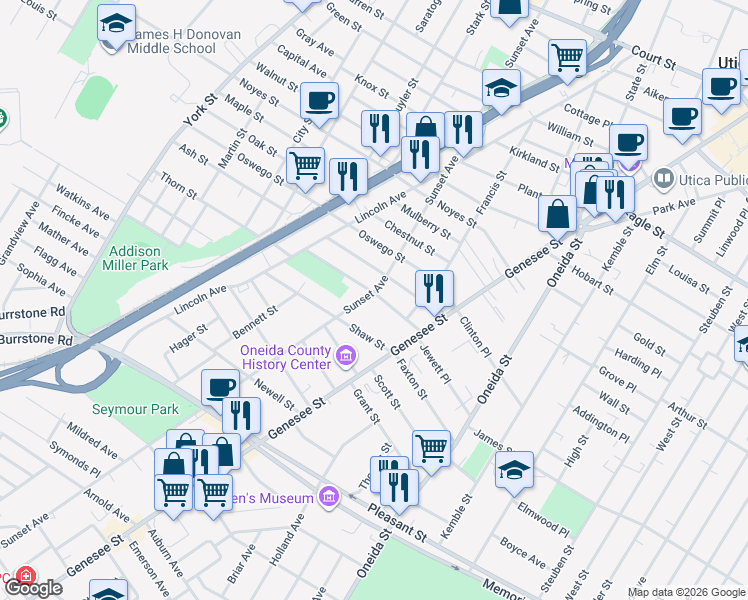 map of restaurants, bars, coffee shops, grocery stores, and more near 35 Watson Place in Utica
