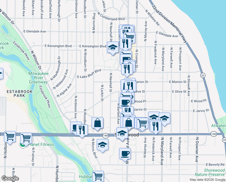 map of restaurants, bars, coffee shops, grocery stores, and more near 1602 East Olive Street in Shorewood