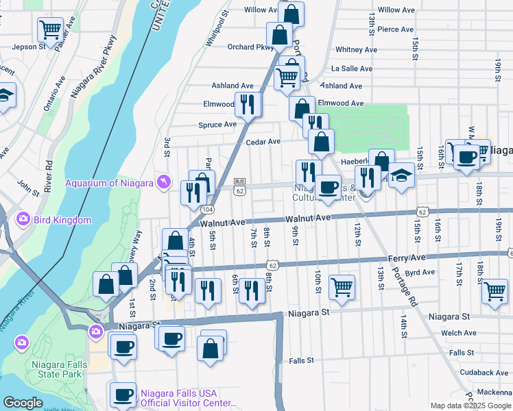 map of restaurants, bars, coffee shops, grocery stores, and more near 616 7th Street in Niagara Falls