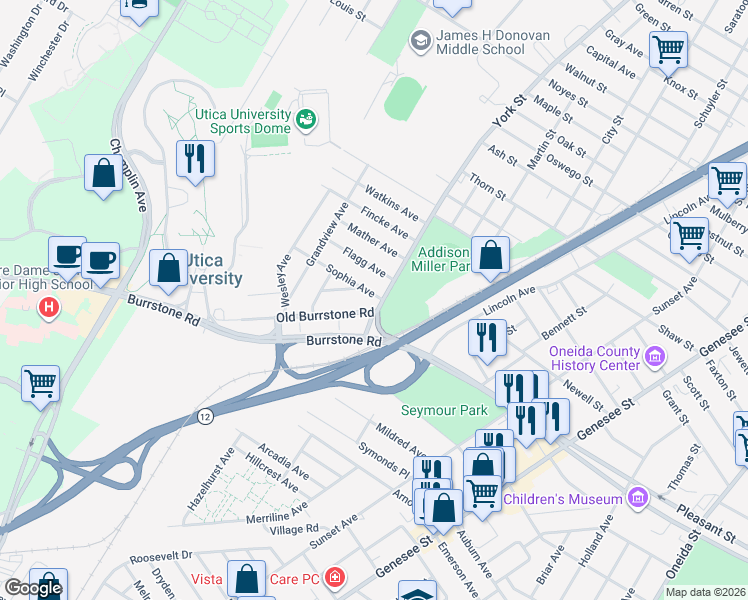 map of restaurants, bars, coffee shops, grocery stores, and more near 1644 York Street in Utica