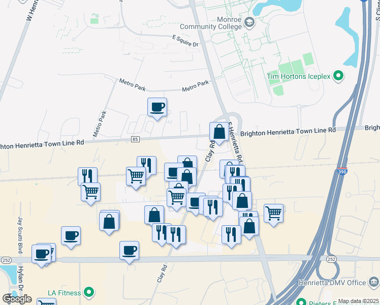 map of restaurants, bars, coffee shops, grocery stores, and more near 2245 Brighton Henrietta Town Line Road in Rochester
