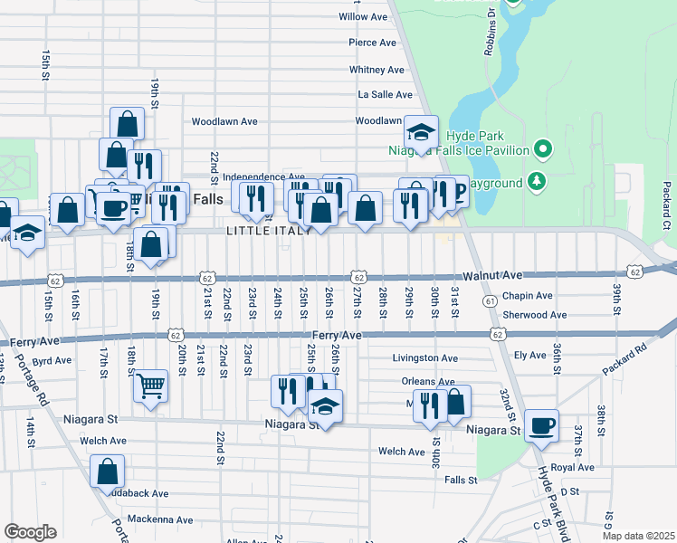 map of restaurants, bars, coffee shops, grocery stores, and more near 2609 Walnut Avenue in Niagara Falls