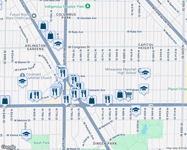 map of restaurants, bars, coffee shops, grocery stores, and more near 4175 North 72nd Street in Milwaukee