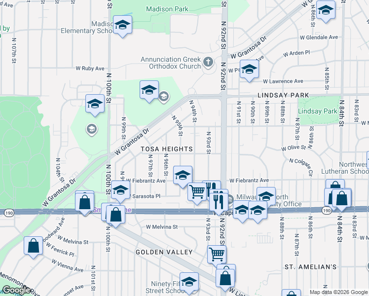 map of restaurants, bars, coffee shops, grocery stores, and more near 9404 West Hope Avenue in Wauwatosa
