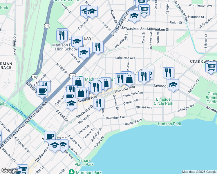 map of restaurants, bars, coffee shops, grocery stores, and more near 253 Division Street in Madison