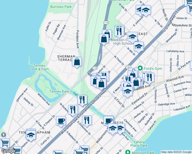map of restaurants, bars, coffee shops, grocery stores, and more near 117 North First Street in Madison