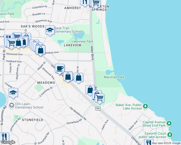 map of restaurants, bars, coffee shops, grocery stores, and more near 2122 Allen Boulevard in Middleton