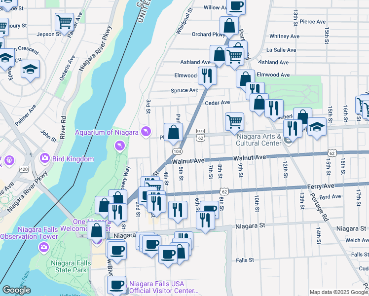 map of restaurants, bars, coffee shops, grocery stores, and more near 639 Main Street in Niagara Falls