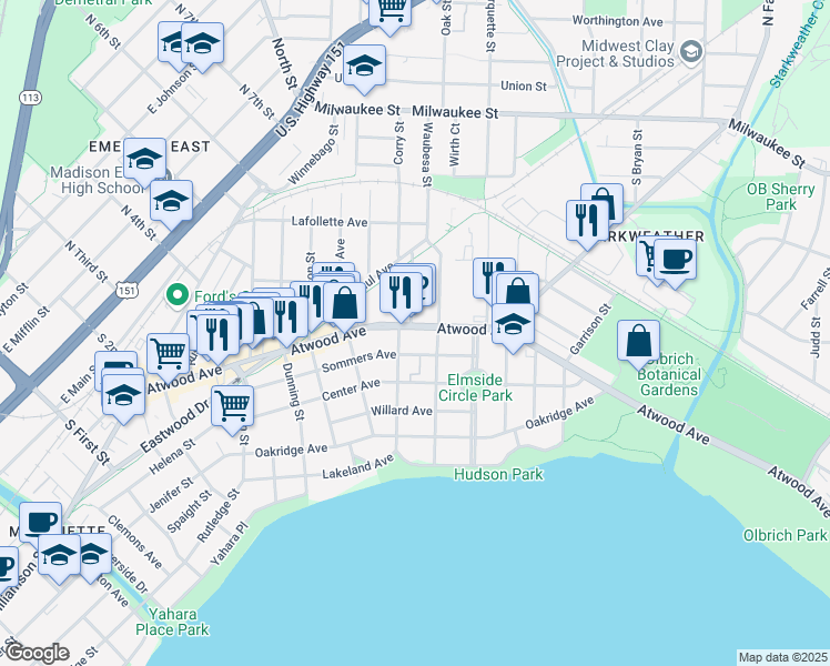 map of restaurants, bars, coffee shops, grocery stores, and more near 2713 Atwood Avenue in Madison