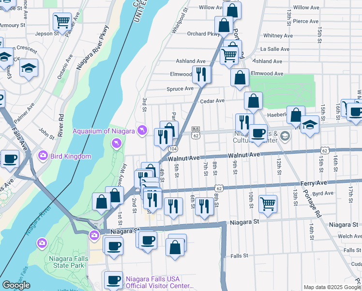 map of restaurants, bars, coffee shops, grocery stores, and more near 639 Main Street in Niagara Falls