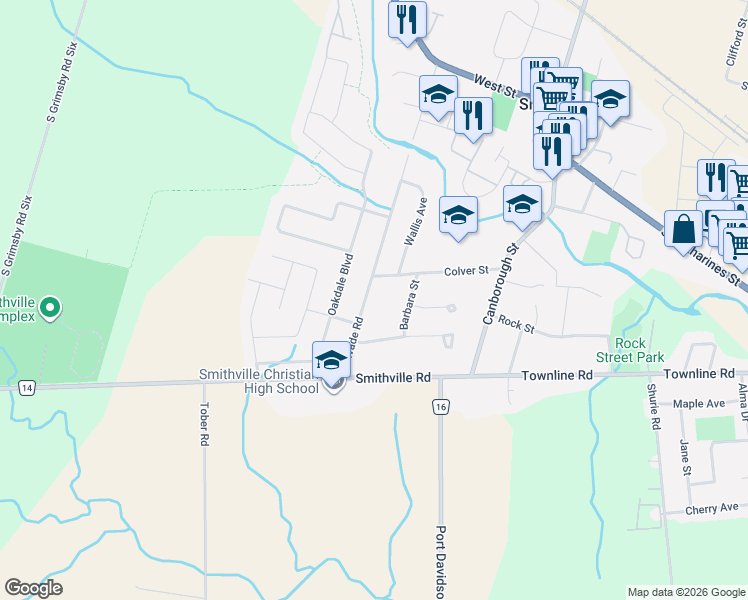 map of restaurants, bars, coffee shops, grocery stores, and more near 53 Wade Road in Smithville
