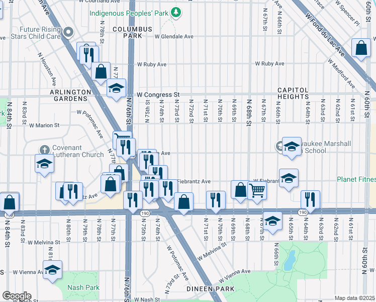 map of restaurants, bars, coffee shops, grocery stores, and more near 4175 North 72nd Street in Milwaukee