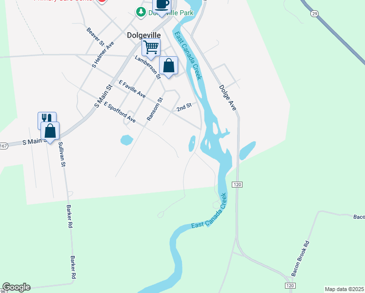 map of restaurants, bars, coffee shops, grocery stores, and more near 98 Van Buren Street in Dolgeville