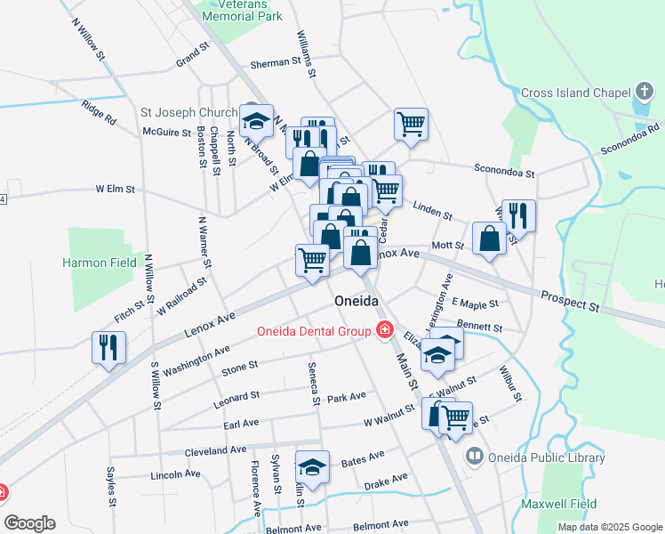 map of restaurants, bars, coffee shops, grocery stores, and more near 136 New York 365A in Oneida