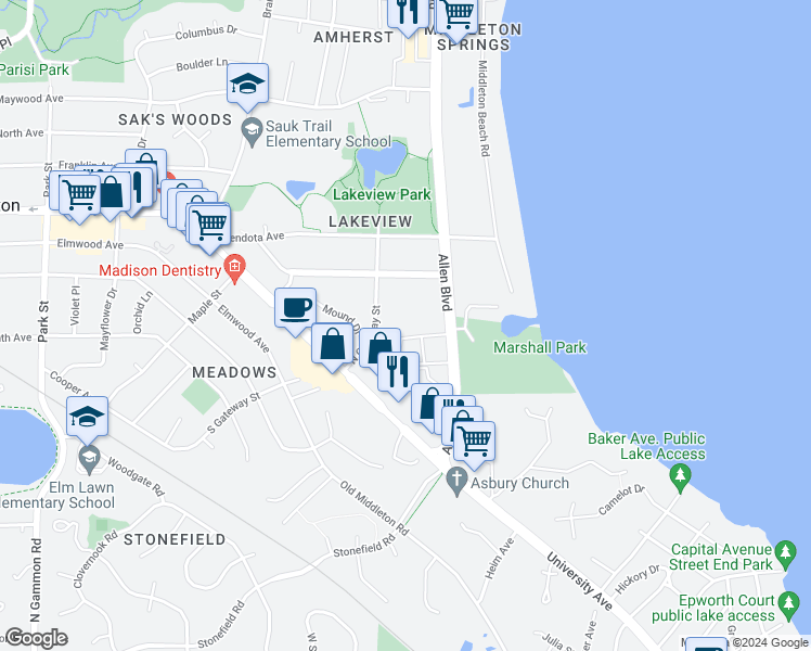 map of restaurants, bars, coffee shops, grocery stores, and more near 2122 Allen Boulevard in Middleton