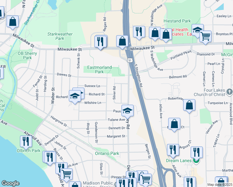 map of restaurants, bars, coffee shops, grocery stores, and more near 206 Lynnhaven Road in Madison