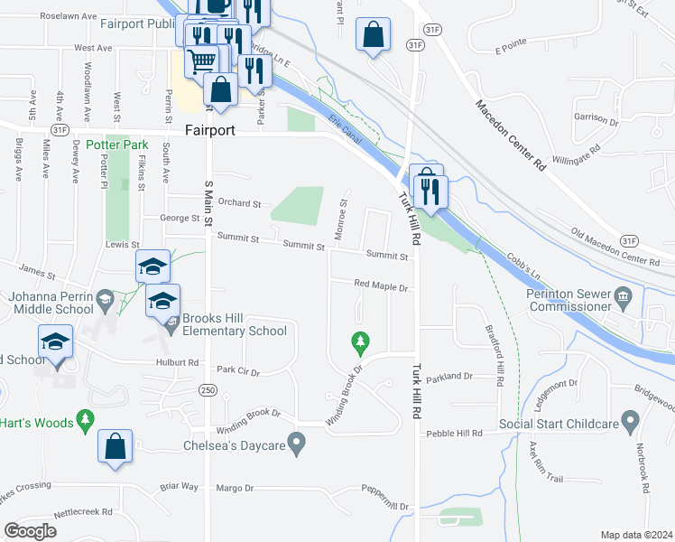 map of restaurants, bars, coffee shops, grocery stores, and more near 2 Misty Pine Road in Fairport
