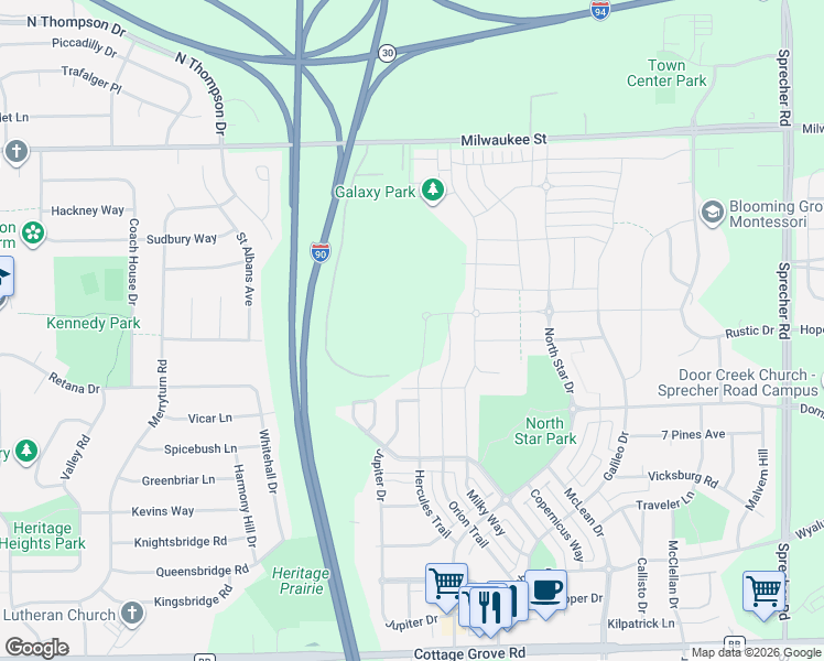 map of restaurants, bars, coffee shops, grocery stores, and more near 422 Hercules Trail in Madison