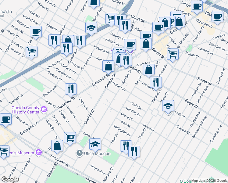 map of restaurants, bars, coffee shops, grocery stores, and more near 8-10 Walker Street in Utica