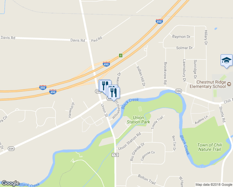 map of restaurants, bars, coffee shops, grocery stores, and more near 9 Creekview Drive in Rochester
