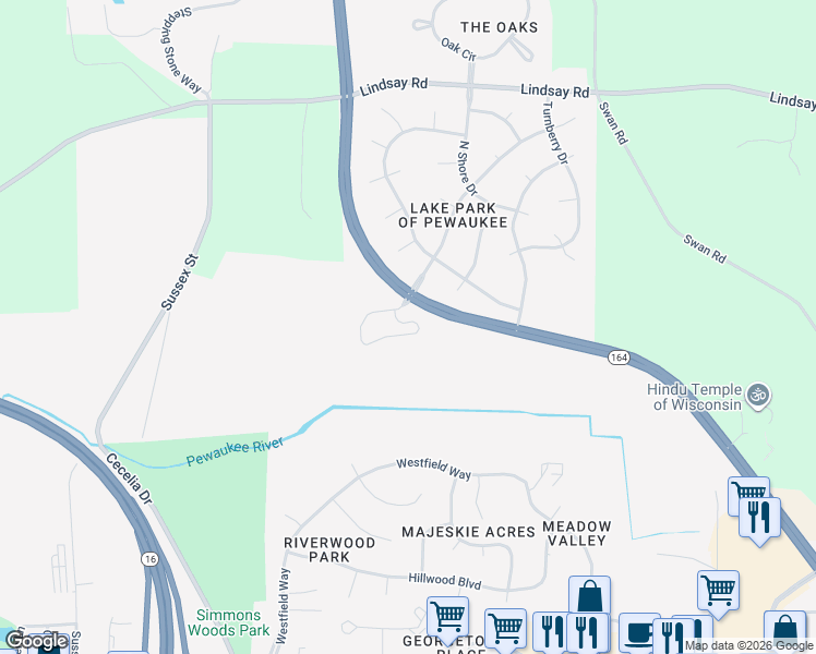 map of restaurants, bars, coffee shops, grocery stores, and more near 636 Pewaukee Road in Pewaukee