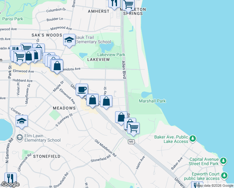map of restaurants, bars, coffee shops, grocery stores, and more near 2122 Allen Boulevard in Middleton