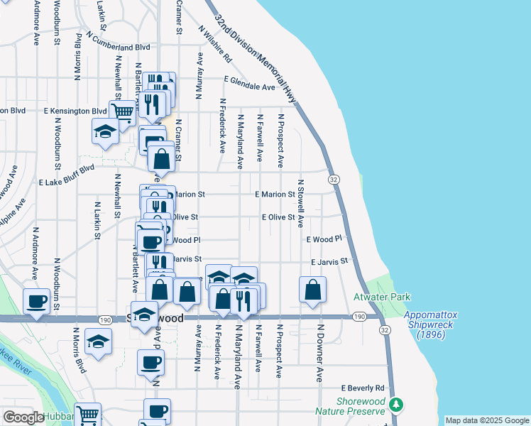 map of restaurants, bars, coffee shops, grocery stores, and more near 2317 East Olive Street in Shorewood