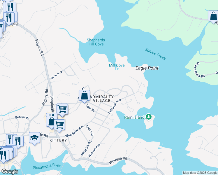 map of restaurants, bars, coffee shops, grocery stores, and more near 8-10 MacDougal Street in Kittery