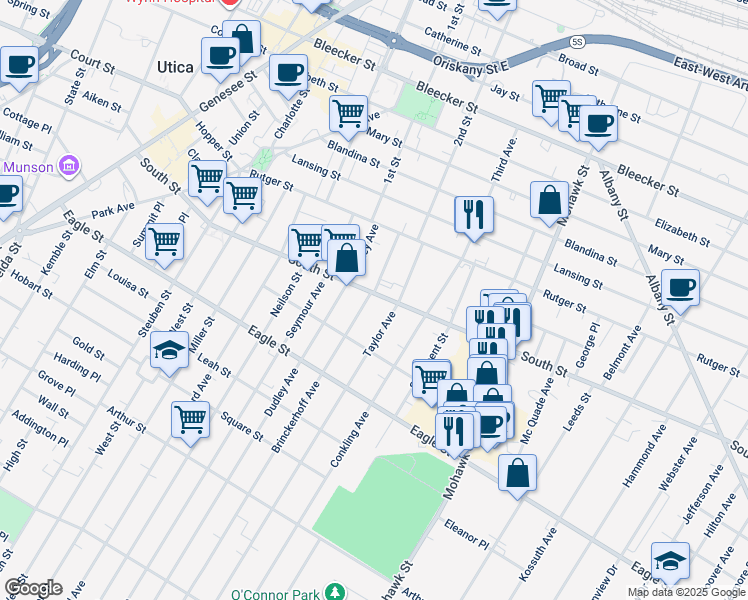 map of restaurants, bars, coffee shops, grocery stores, and more near 1104 Taylor Avenue in Utica