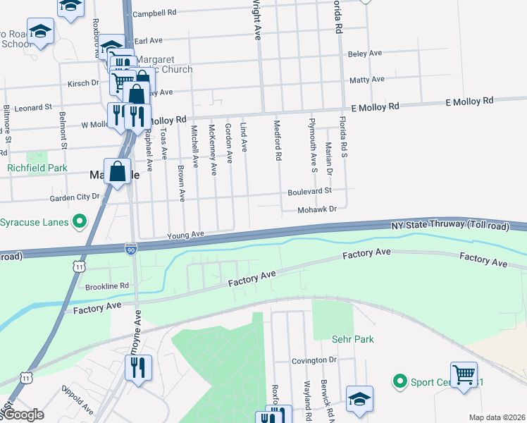 map of restaurants, bars, coffee shops, grocery stores, and more near 192 Medford Road in Syracuse