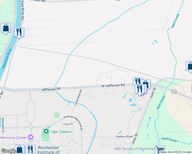 map of restaurants, bars, coffee shops, grocery stores, and more near 170 Jefferson Road in Rochester