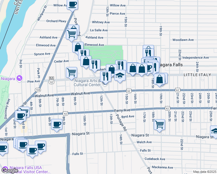 map of restaurants, bars, coffee shops, grocery stores, and more near 1201 Pine Avenue in Niagara Falls