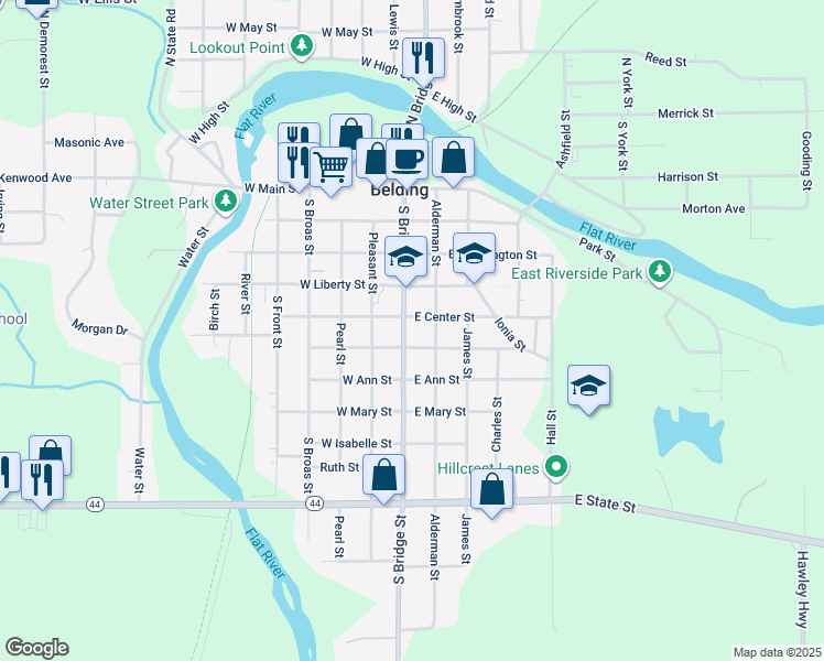 map of restaurants, bars, coffee shops, grocery stores, and more near 520 South Bridge Street in Belding