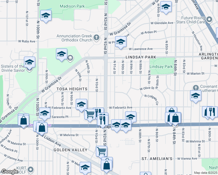 map of restaurants, bars, coffee shops, grocery stores, and more near 4206 North 92nd Street in Milwaukee