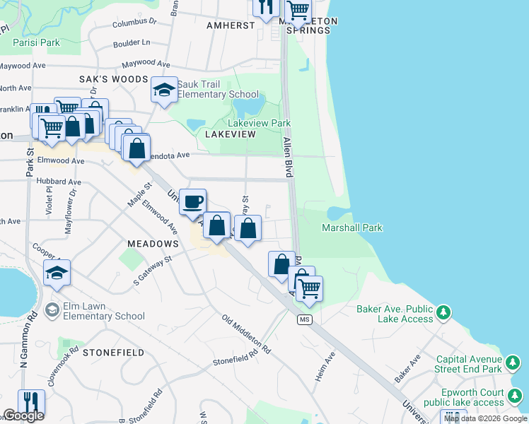 map of restaurants, bars, coffee shops, grocery stores, and more near 2122 Allen Boulevard in Middleton