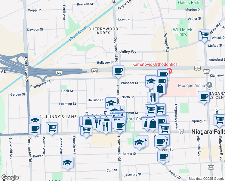 map of restaurants, bars, coffee shops, grocery stores, and more near 5555 Drummond Road in Niagara Falls
