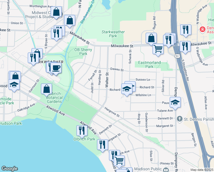 map of restaurants, bars, coffee shops, grocery stores, and more near 154 Walter Street in Madison