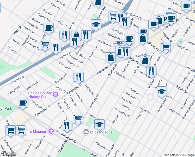 map of restaurants, bars, coffee shops, grocery stores, and more near 1423 Genesee Street in Utica