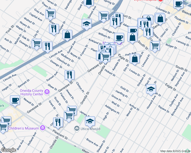 map of restaurants, bars, coffee shops, grocery stores, and more near 1420 Oneida Street in Utica