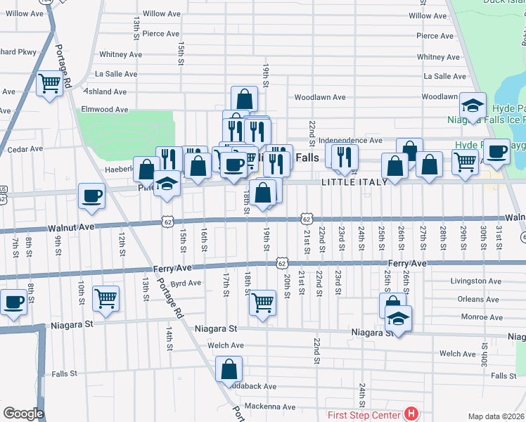 map of restaurants, bars, coffee shops, grocery stores, and more near 612 19th Street in Niagara Falls