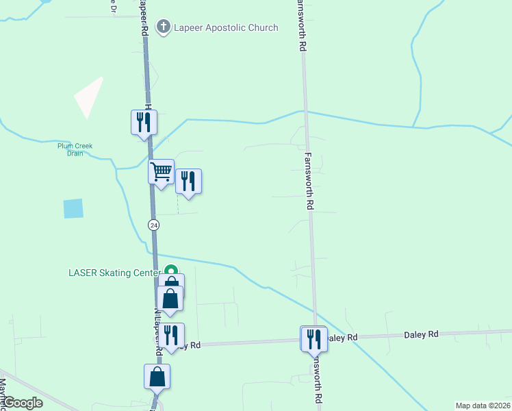 map of restaurants, bars, coffee shops, grocery stores, and more near 455 Willow Lane Drive in Lapeer