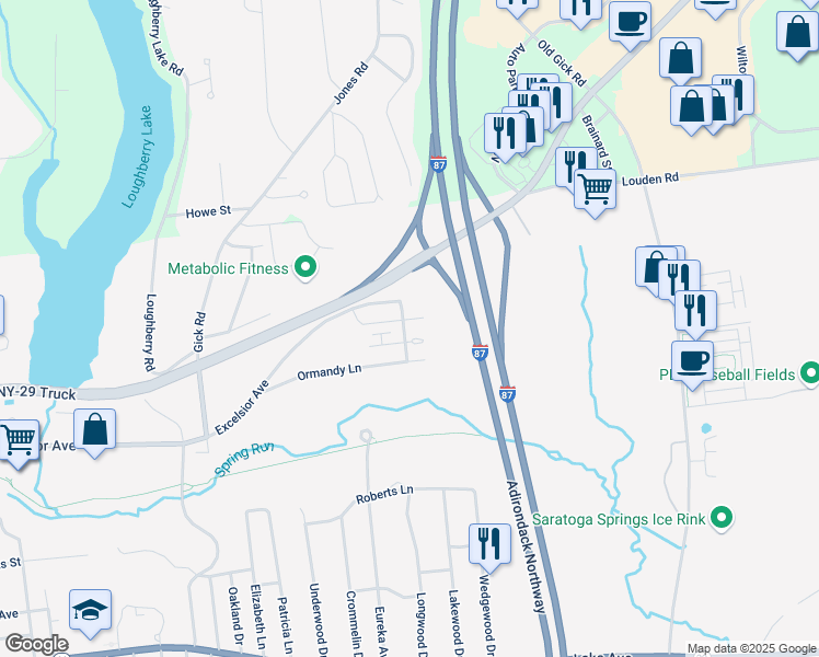 map of restaurants, bars, coffee shops, grocery stores, and more near 19 Gibson Court in Saratoga Springs