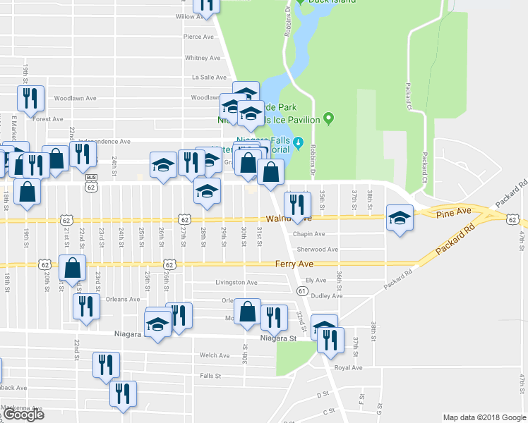 map of restaurants, bars, coffee shops, grocery stores, and more near 609 31st Street in Niagara Falls