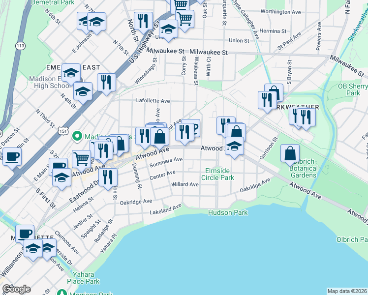 map of restaurants, bars, coffee shops, grocery stores, and more near 300 Hudson Avenue in Madison