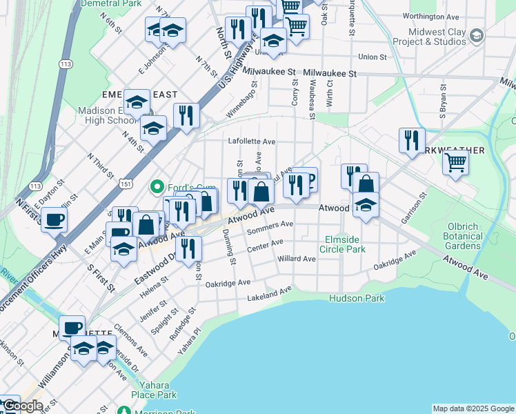 map of restaurants, bars, coffee shops, grocery stores, and more near 2323 Atwood Avenue in Madison