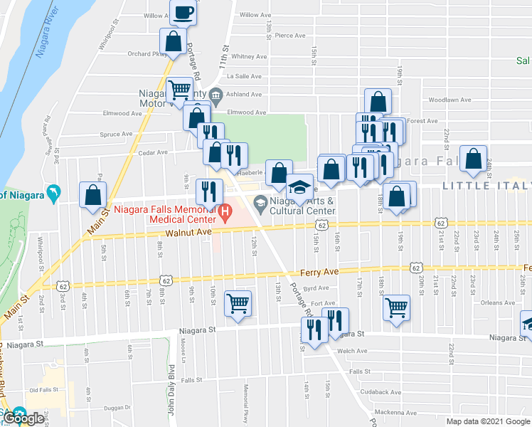 map of restaurants, bars, coffee shops, grocery stores, and more near 1201 Pine Avenue in Niagara Falls