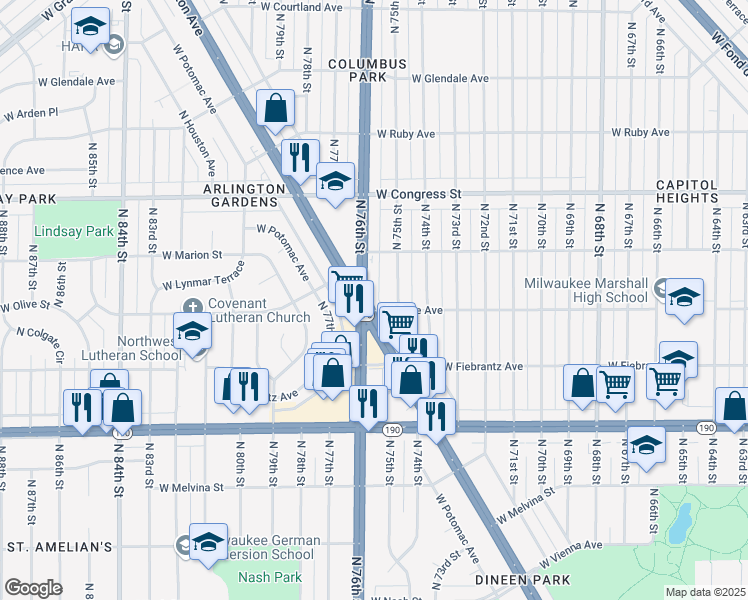 map of restaurants, bars, coffee shops, grocery stores, and more near 4212 North 76th Street in Milwaukee