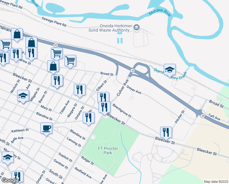 map of restaurants, bars, coffee shops, grocery stores, and more near 75 Culver Avenue in Utica