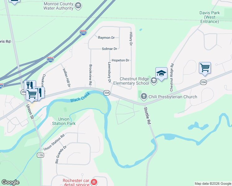 map of restaurants, bars, coffee shops, grocery stores, and more near 3649 Chili Avenue in Rochester