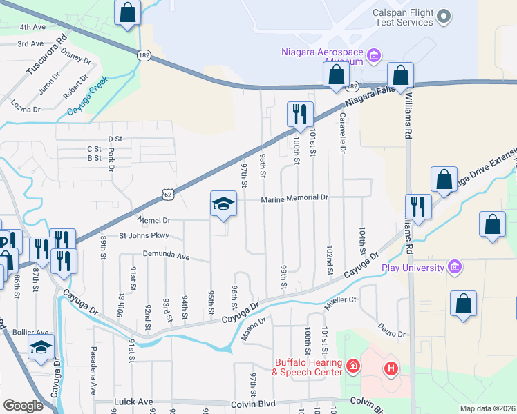 map of restaurants, bars, coffee shops, grocery stores, and more near 1519 98th Street in Niagara Falls